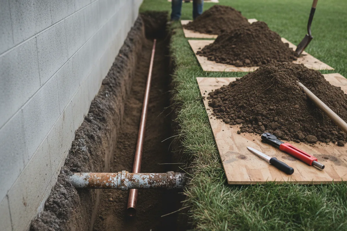 Excavated water line trench during Sewer Line Repair in Rackerby